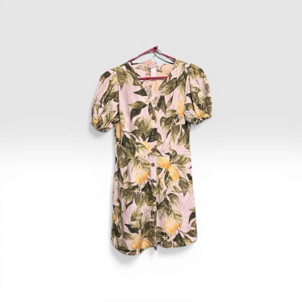 H&M Linen Blend Lemon Print Dress | XS (Est.)